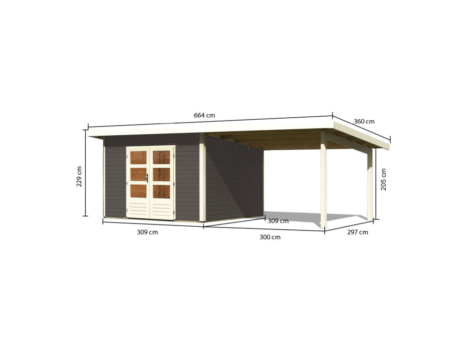 Karibu Gartenhaus Northeim 3 in terragrau mit Anbaudach 3 Meter