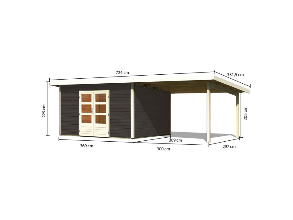 Karibu Gartenhaus Northeim 4 terragrau mit Anbaudach 3 m