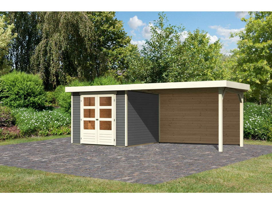 Karibu Gartenhaus Askola 3,5 mit Anbaudach 2,8 m, Rückwand in terragrau