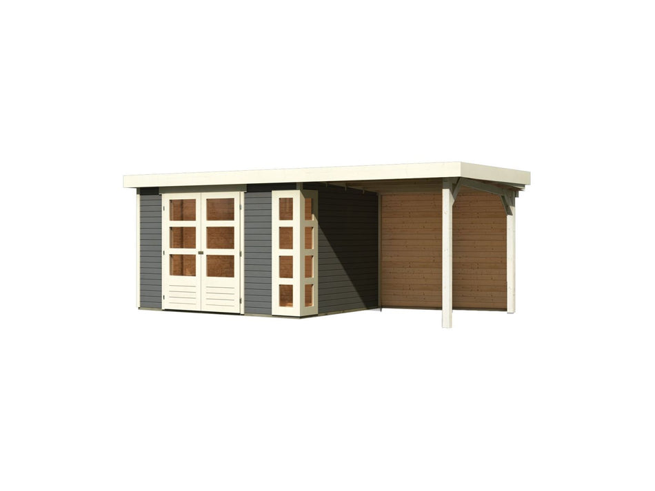 Karibu Gartenhaus Kerko 5 terragrau mit Anbaudach 2,40 m inkl. Rückwand