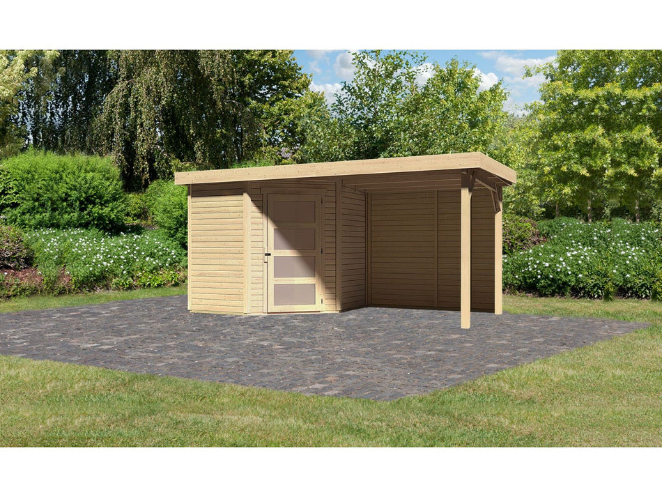 Karibu Gartenhaus Schwandorf 3 natur mit Anbaudach 2,4 m, Rückwand