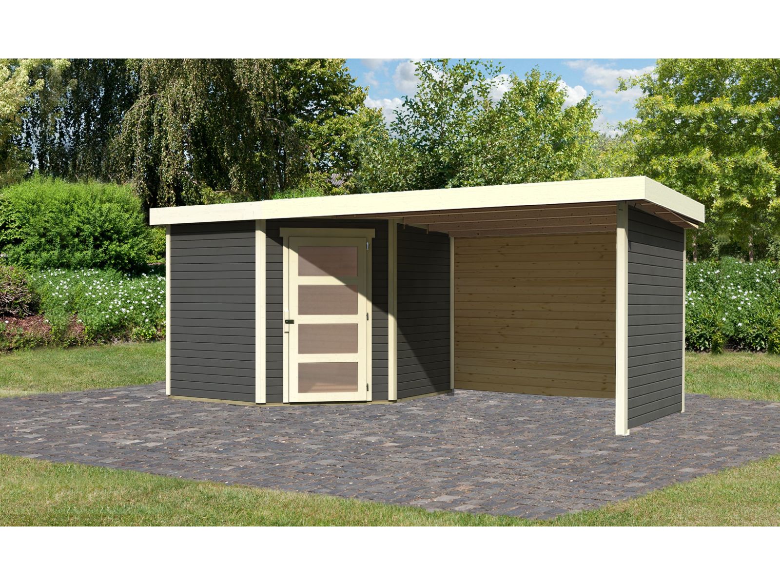Karibu Gartenhaus Schwandorf 5 terragrau mit Anbaudach 2,8 m inkl. Seiten- und Rückwand