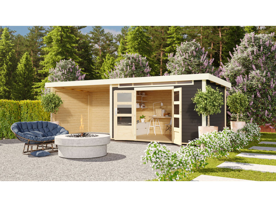 Karibu Gartenhaus Kandern 7 in terragrau mit Anbaudach 3,20 Meter inkl. Rückwand