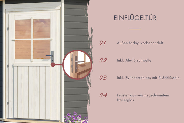 Karibu Saunahaus Mikka 38 mm -terragrau- ohne Ofen- klassische Tür