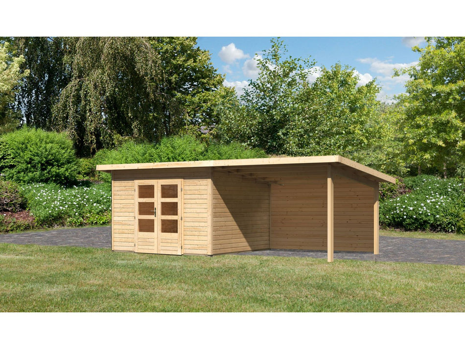 Karibu Gartenhaus Northeim 3 natur mit Anbaudach 3,0 Meter inkl. Rückwand