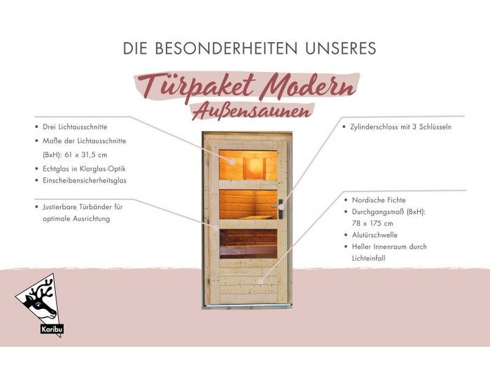 Karibu Türpaket Außensauna Modern, naturbelassen,  40 mm Saunahäuser