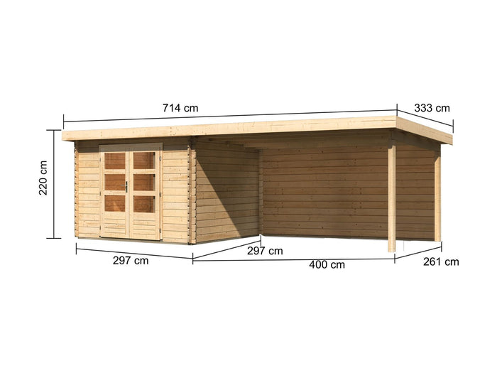 Karibu Gartenhaus Bastrup 5 mit Anbaudach 4 Meter inkl. Rückwand