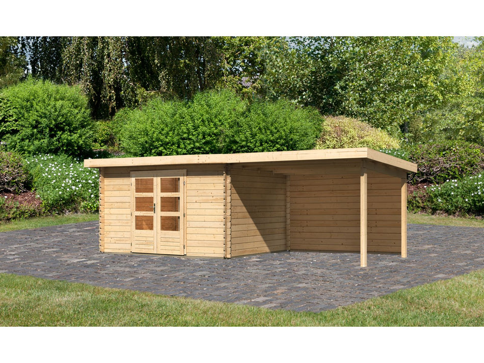 Karibu Gartenhaus Bastrup 7 mit Anbaudach 3 Meter inkl. Rückwand natur