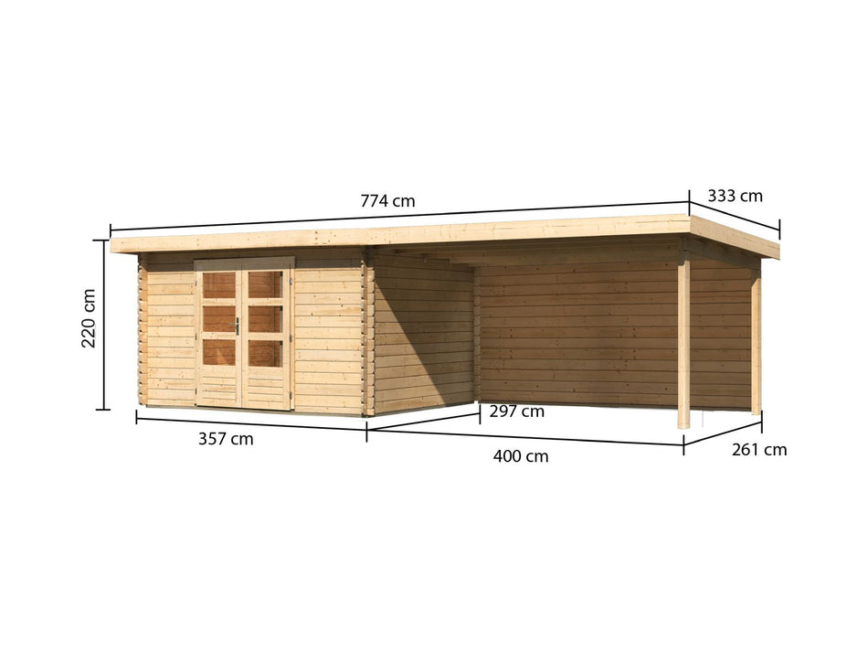 Karibu Gartenhaus Bastrup 7 mit Anbaudach 4 Meter inkl. Rückwand