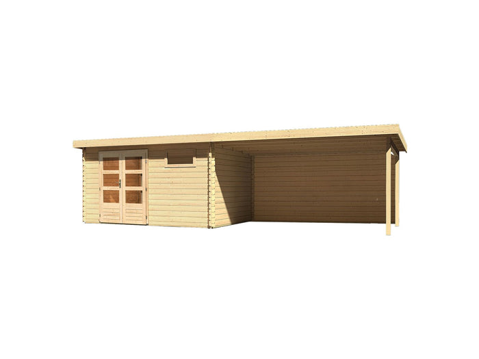 Karibu Gartenhaus Bastrup 8 mit Anbaudach 4 Meter inkl. Rückwand