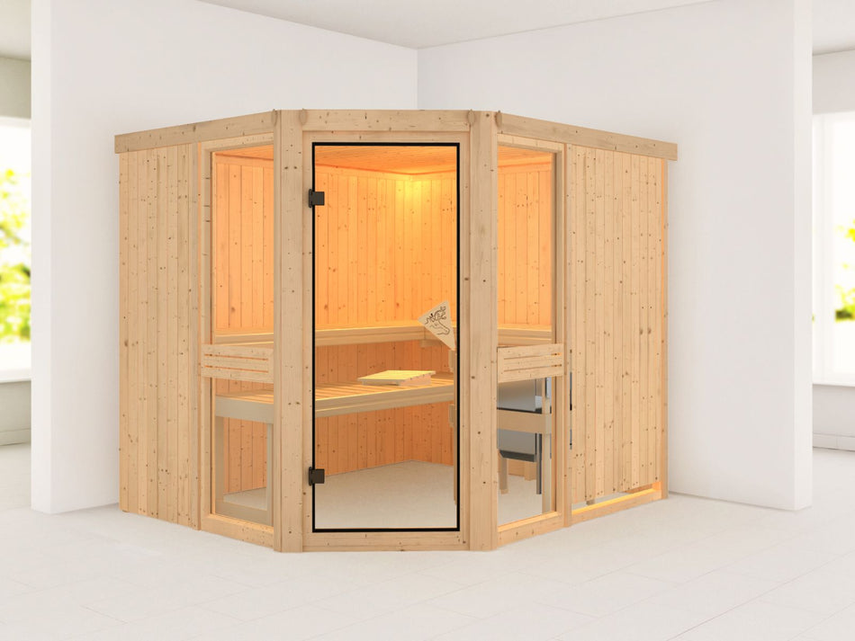 Amelia 3 - Karibu Sauna inkl. 9 kW Bioofen ext. Steuerung Wifi HUUM - ohne Dachkranz -