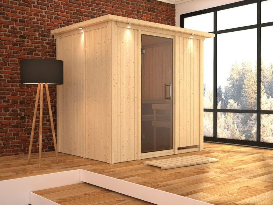 Karibu Sauna Bodin inkl. 9 kW Ofen ext. Steuerung mit moderner Saunatür  -mit Dachkranz-