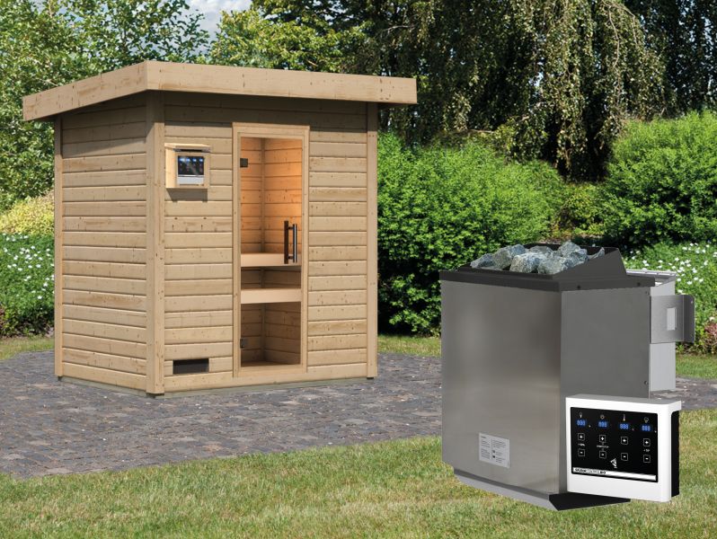 Karibu Saunahaus Caapi 2, inkl. 9 kW Bioofen ext. Steuerung, mit Klarglastür und Fußboden