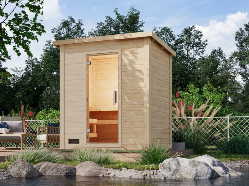 Karibu Saunahaus Caapi 2, inkl. 9 kW Ofen integr. Steuerung, mit Klarglastür und Fußboden