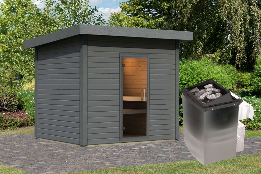 Karibu Saunahaus Caapi 4, terragrau, inkl. 9 kW Ofen integr. Steuerung, mit Klarglastür und Fußboden