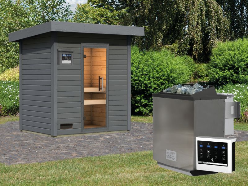 Karibu Saunahaus Caapi 2, terragrau, inkl. 9 kW Bioofen ext. Steuerung, mit Klarglastür und Fußboden