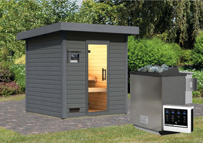 Karibu Saunahaus Caapi 3, terragrau, inkl. 9 kW Bioofen ext. Steuerung - mit Klarglastür und Fußboden