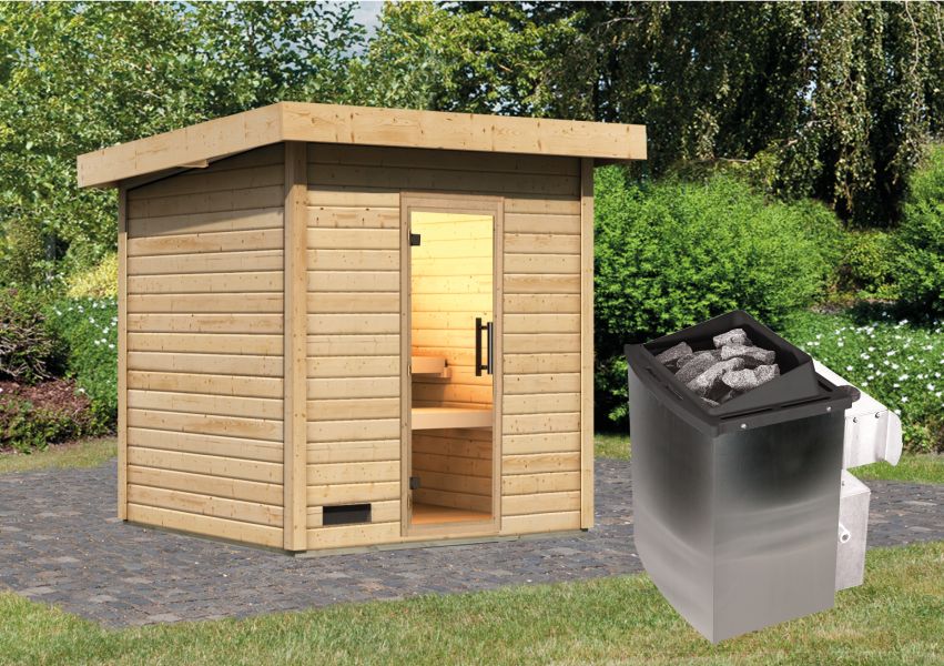 Karibu Saunahaus Caapi 3, inkl. 9 kW Ofen integr. Steuerung - mit Klarglastür und Fußboden