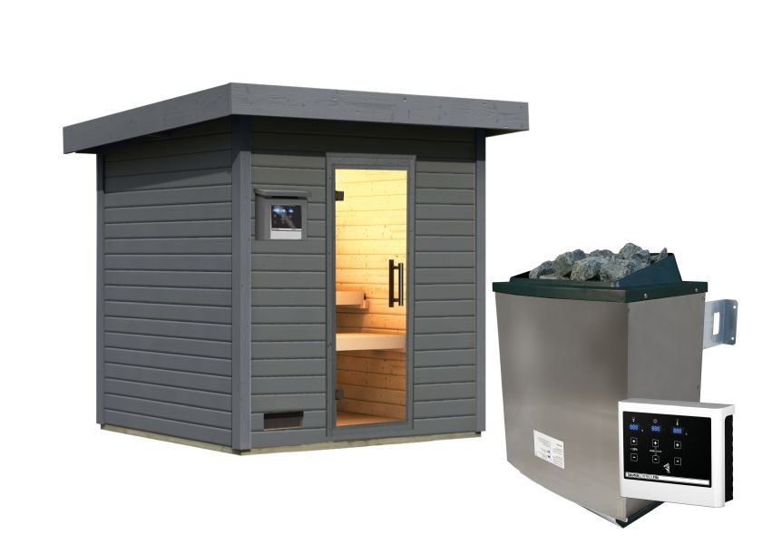 Karibu Saunahaus Caapi 3, terragrau, inkl. 9 kW Ofen finnisch ext. Steuerung - mit Klarglastür und Fußboden