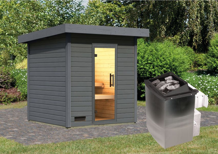 Karibu Saunahaus Caapi 3, terragrau, inkl. 9 kW Ofen integr. Steuerung - mit Klarglastür und Fußboden