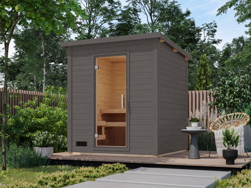 Karibu Saunahaus Caapi 3, terragrau, inkl. 9 kW Ofen integr. Steuerung - mit Klarglastür und Fußboden