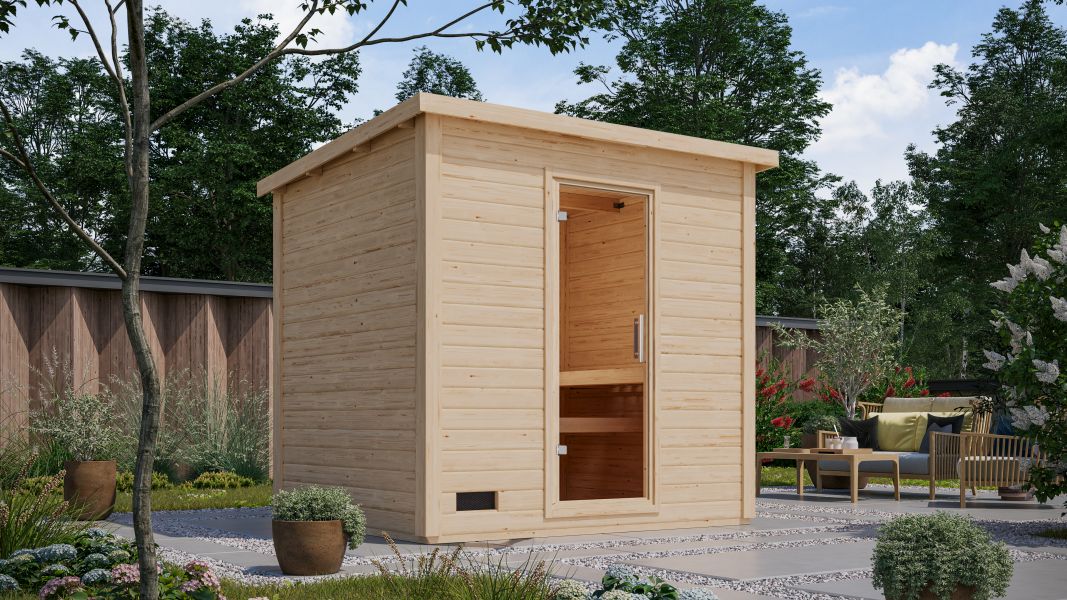 Karibu Saunahaus Caapi 4, inkl. 9 kW Ofen finnisch ext. Steuerung, mit Klarglastür und Fußboden