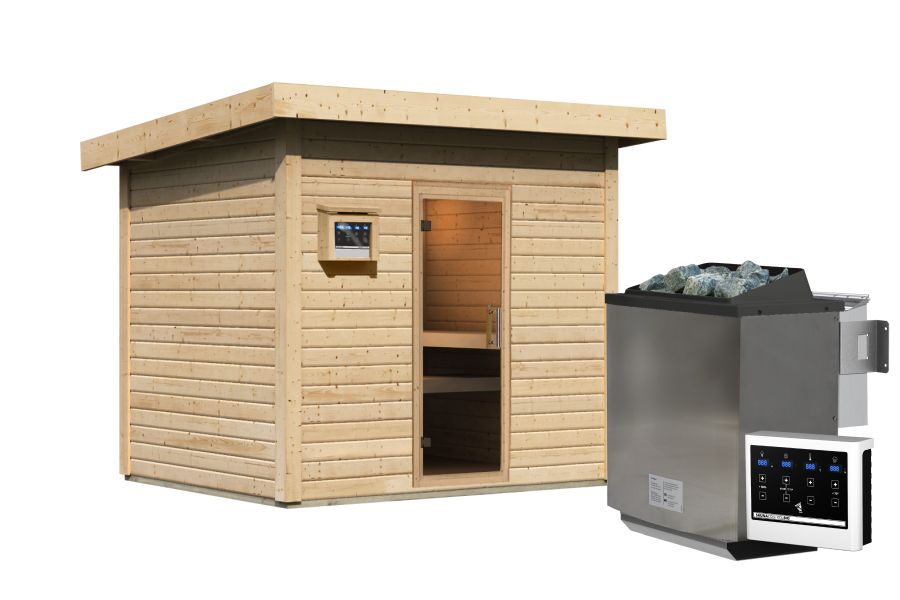 Karibu Saunahaus Caapi 4, inkl. 9 kW Bioofen ext. Steuerung, mit Klarglastür und Fußboden