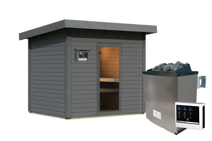 Karibu Saunahaus Caapi 4, terragrau, inkl. 9 kW Ofen finnisch ext. Steuerung, mit Klarglastür und Fußboden