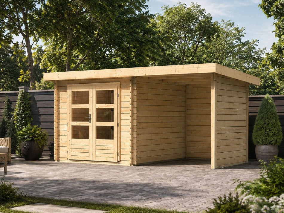 Karibu Gartenhaus Bastrup 4 mit Anbaudach 2 Meter, Rück- und Seitenwand