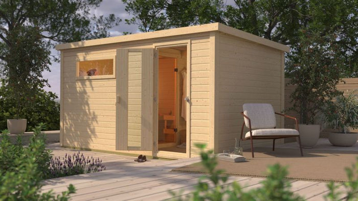 Karibu Saunahaus Hytti 6, inkl. 9 kW Ofen integr. Steuerung - mit Iso-Tür naturbelassen, 38 mm