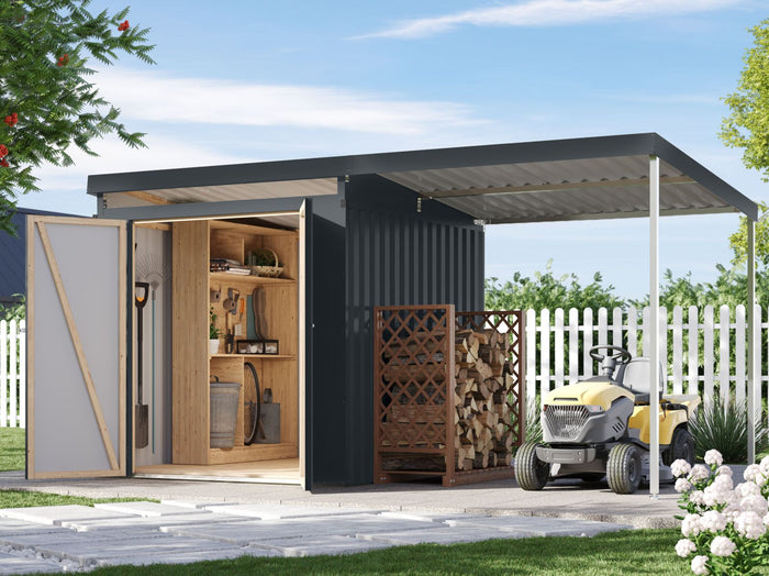 Karibu Metallgerätehaus Iridium 2, Anthrazit, inkl. Anbaudach 2m