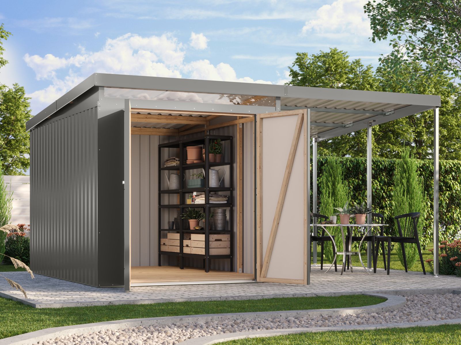 Karibu Metallgerätehaus Iridium 2,5 in Graualuminium, inkl. Anbaudach 2m