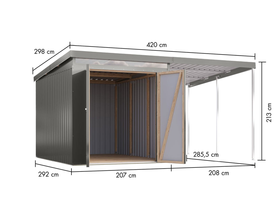 Karibu Metallgerätehaus Iridium 2,5 in Graualuminium, inkl. Anbaudach 2m