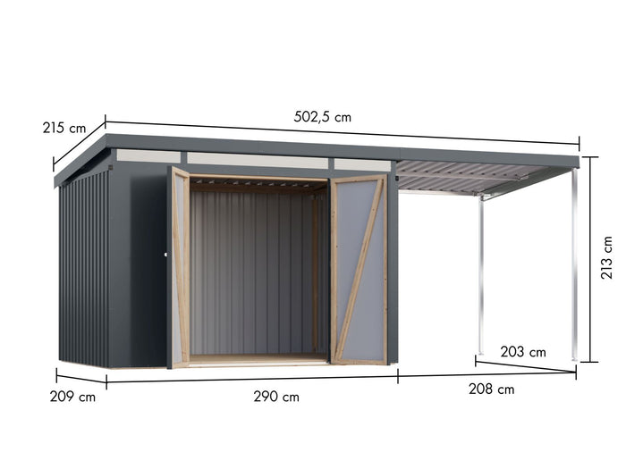 Karibu Metallgerätehaus Iridium 3 in Anthrazit, inkl. Anbaudach 2m