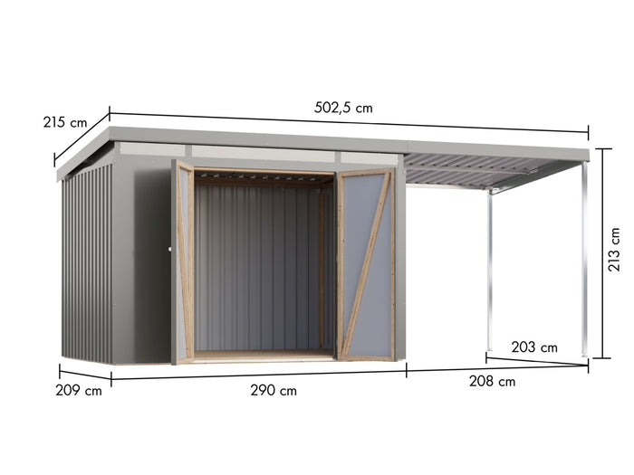 Karibu Metallgerätehaus Iridium 3 in Graualuminium, inkl. Anbaudach 2m