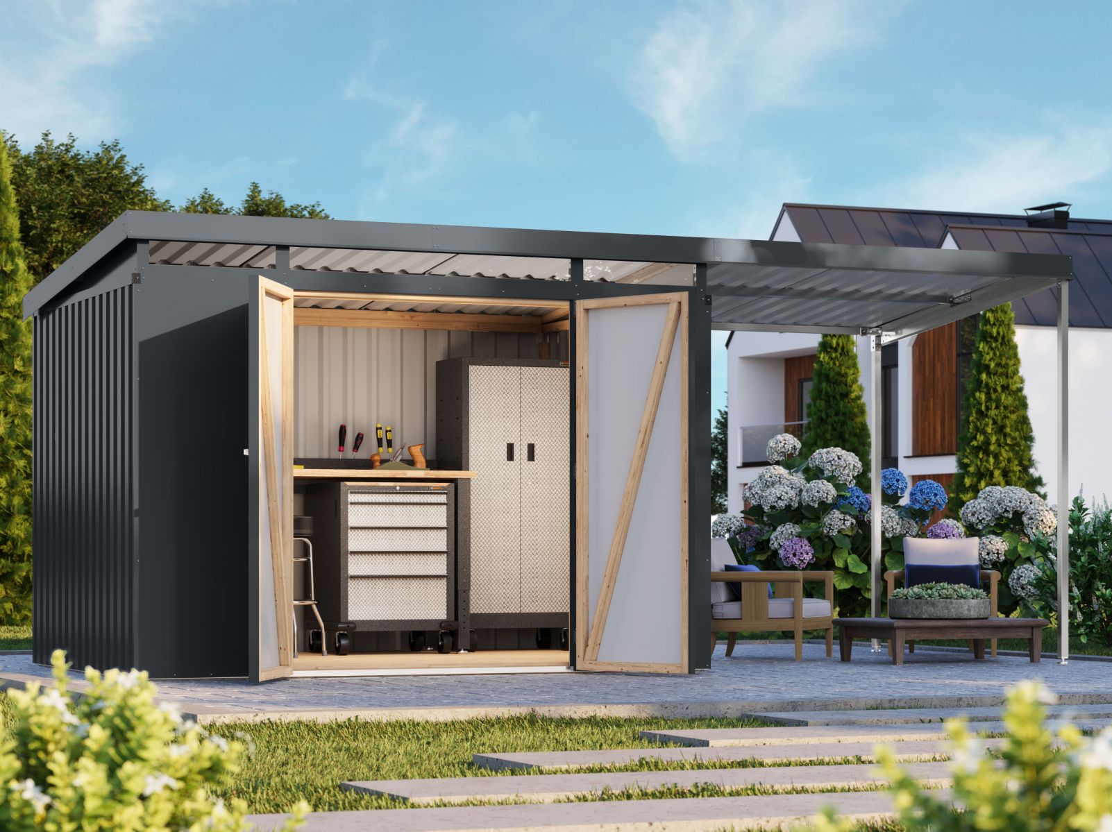 Karibu Metallgerätehaus Iridium 3 in Anthrazit, inkl. Anbaudach 2m