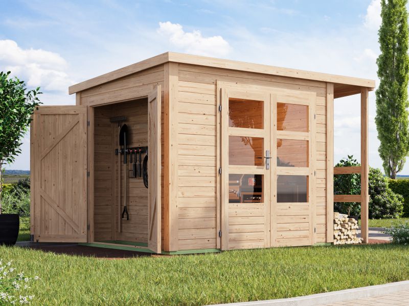 Karibu Multifunktionshaus Pultdach mit Schrank und Anbaudach 28 mm