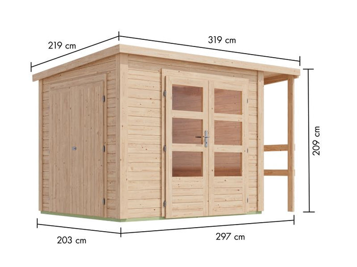 Karibu Multifunktionshaus Pultdach mit Schrank und Anbaudach 28 mm