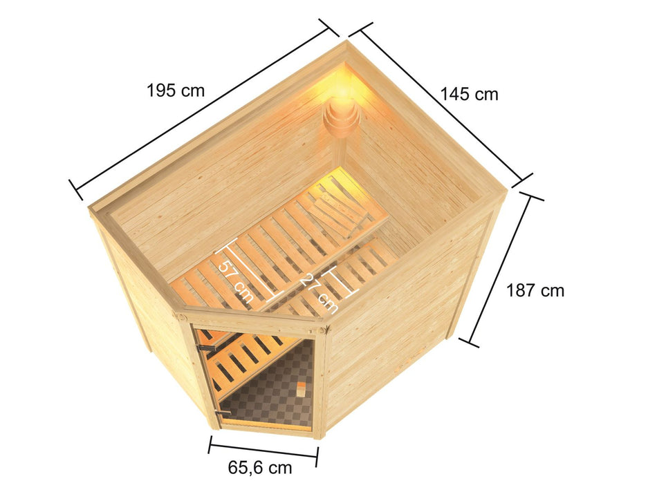 Karibu Sauna Jella mit 3,6 kW Bioofen ext. Strg 38 mm