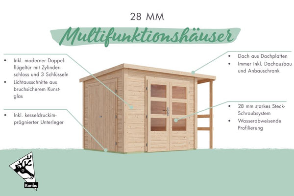 Karibu Multifunktionshaus Pultdach mit Schrank und Anbaudach 28 mm, terragrau