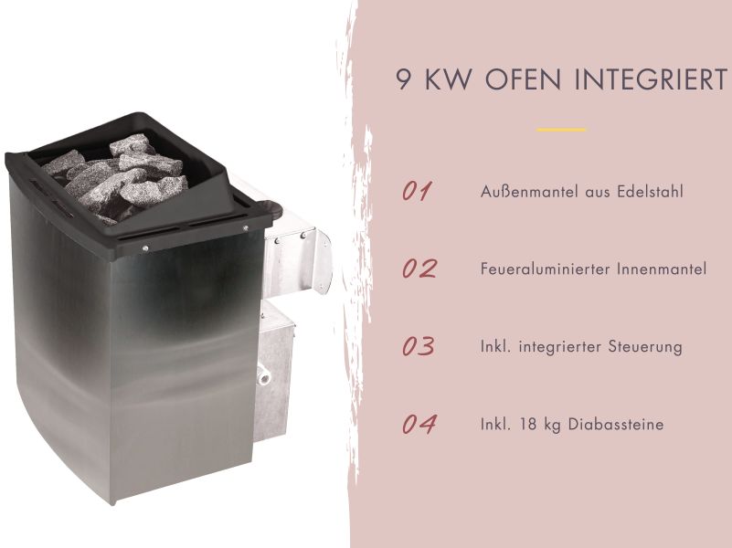 Karibu Saunahaus Caapi 3, terragrau, inkl. 9 kW Ofen integr. Steuerung - mit Klarglastür und Fußboden