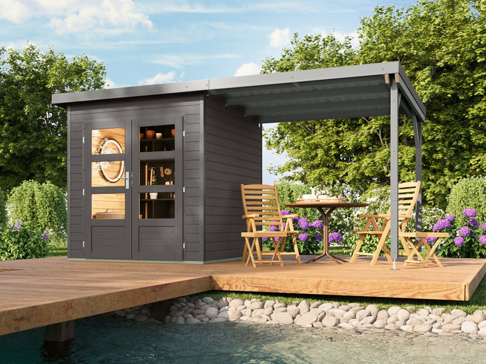 Karibu Hybrid Gartenhaus Pluto 1 B, terragrau/graualuminium, 28 mm, inkl. Anbaudach ca. 2,33m