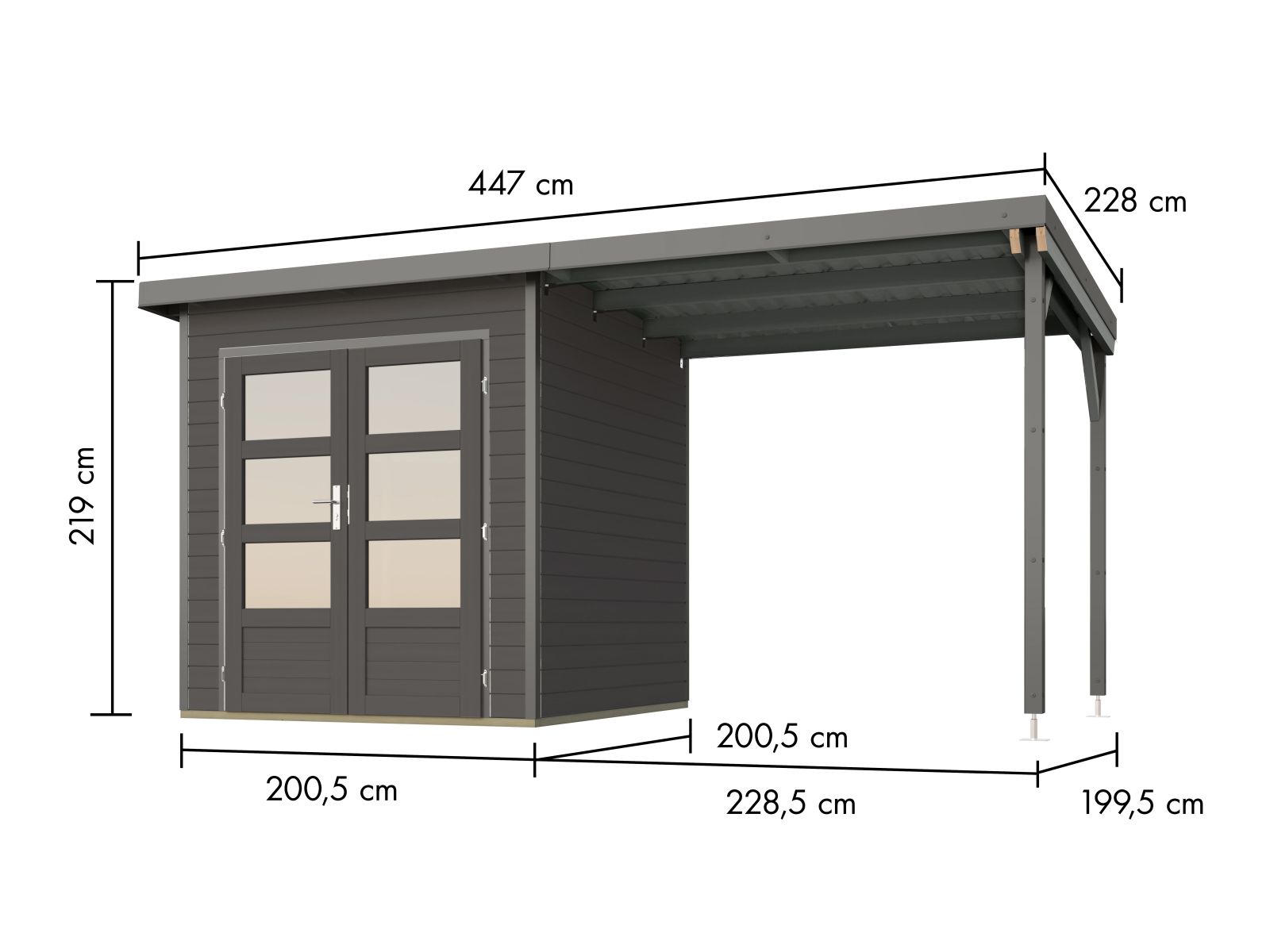 Karibu Hybrid Gartenhaus Pluto 1 B, terragrau/graualuminium, 28 mm, inkl. Anbaudach ca. 2,33m