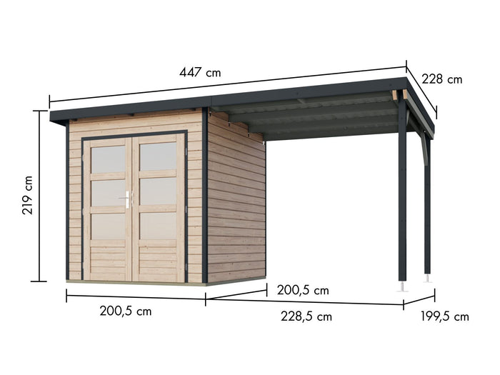 Karibu Hybrid Gartenhaus Pluto 1 A, naturbelassen/anthrazit, 28 mm, inkl. Anbaudach ca. 2,33m