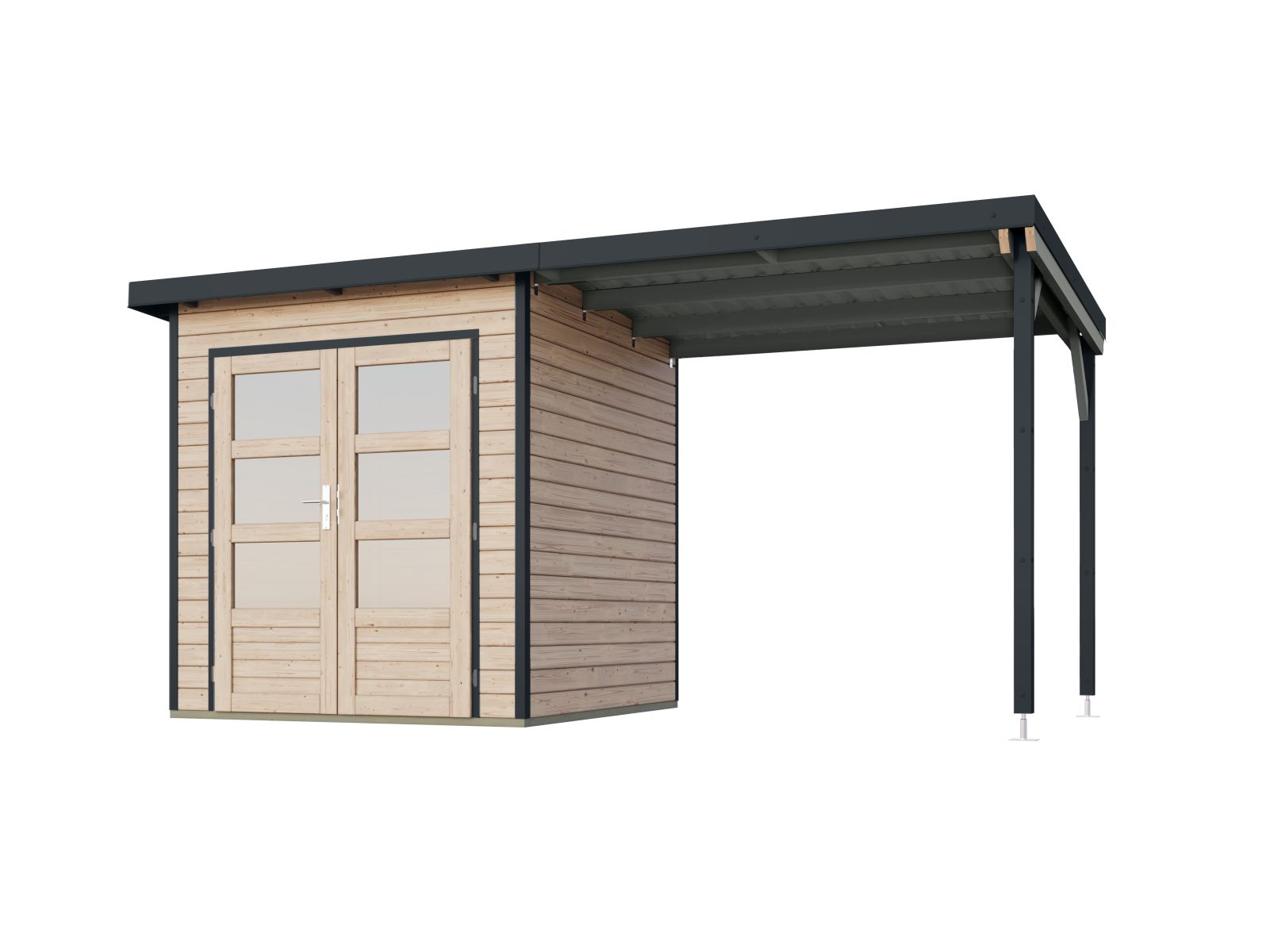 Karibu Hybrid Gartenhaus Pluto 1 A, naturbelassen/anthrazit, 28 mm, inkl. Anbaudach ca. 2,33m