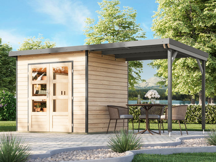 Karibu Hybrid Gartenhaus Pluto 2 A, naturbelassen/graualuminium, 28 mm, inkl. Anbaudach 2,33m