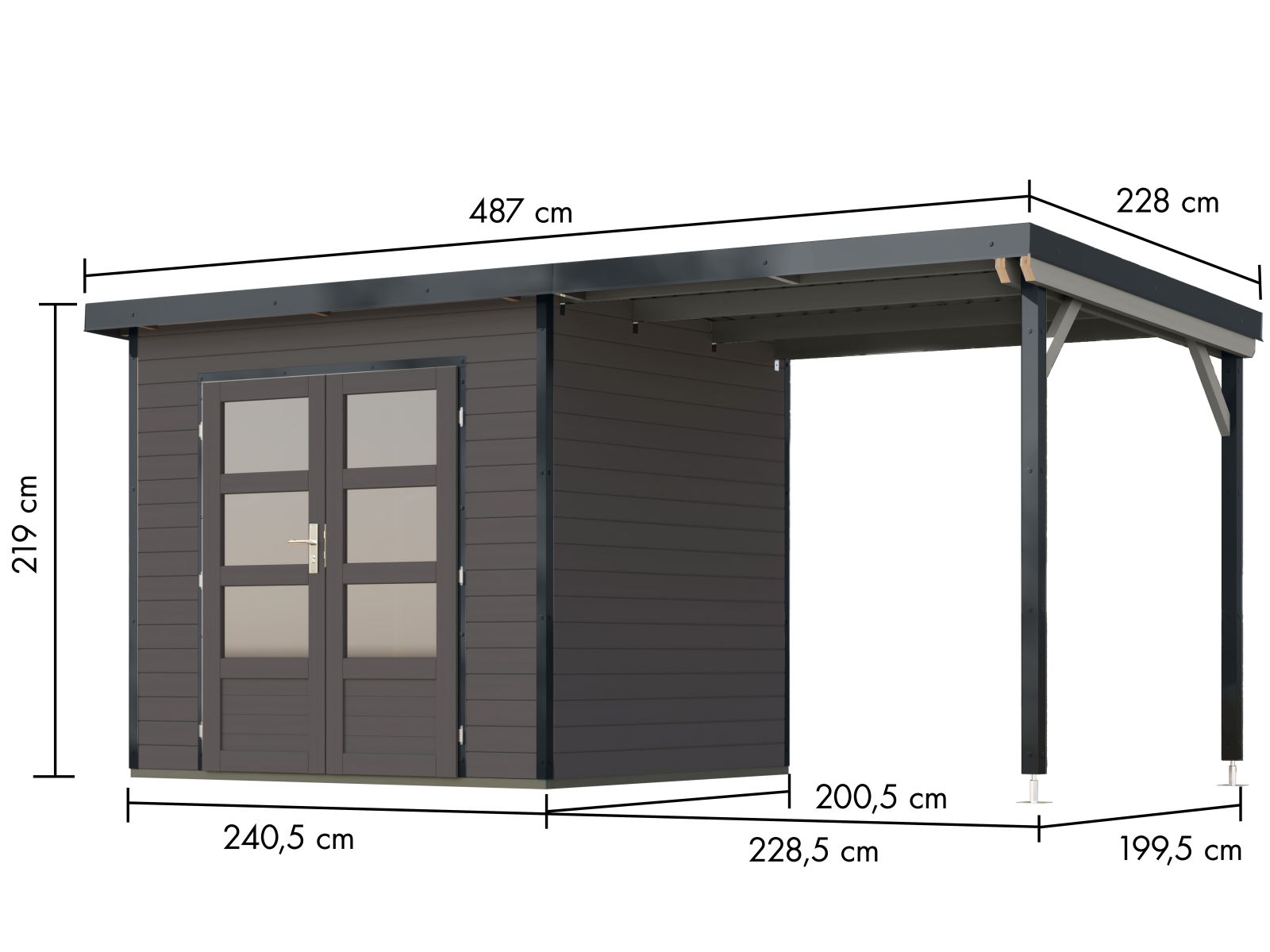 Karibu Hybrid Gartenhaus Pluto 2 B, terragrau/anthrazit, 28 mm, inkl. Anbaudach 2,33m