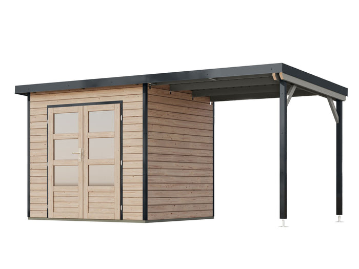Karibu Hybrid Gartenhaus Pluto 2 A, naturbelassen/anthrazit, 28 mm, inkl. Anbaudach 2,33m
