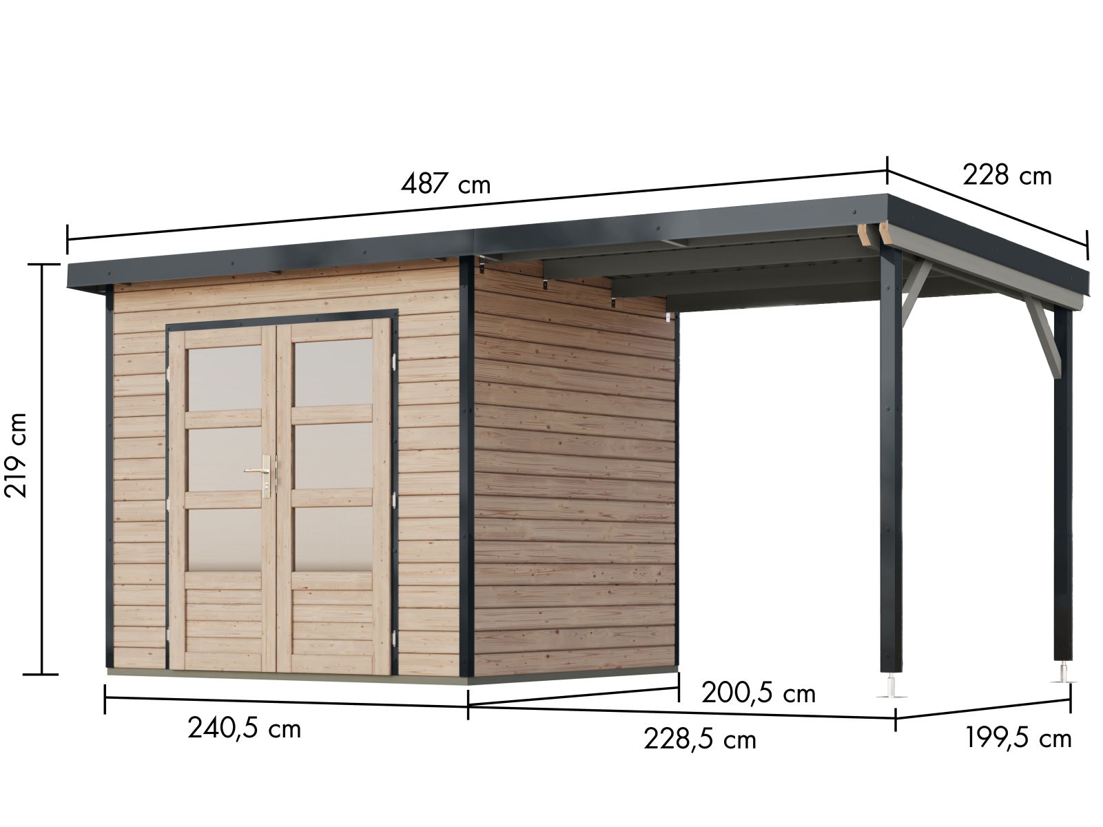 Karibu Hybrid Gartenhaus Pluto 2 A, naturbelassen/anthrazit, 28 mm, inkl. Anbaudach 2,33m