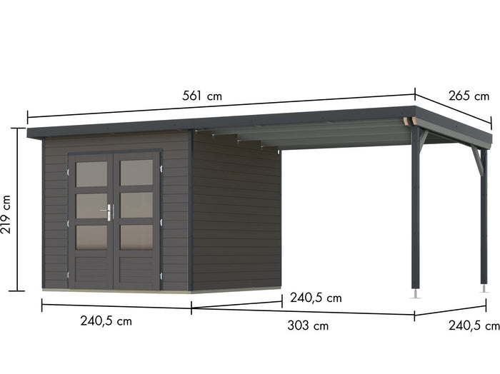 Karibu Hybrid Gartenhaus Pluto 3 B, terragrau/anthrazit, 28 mm, inkl. Anbaudach ca. 3m